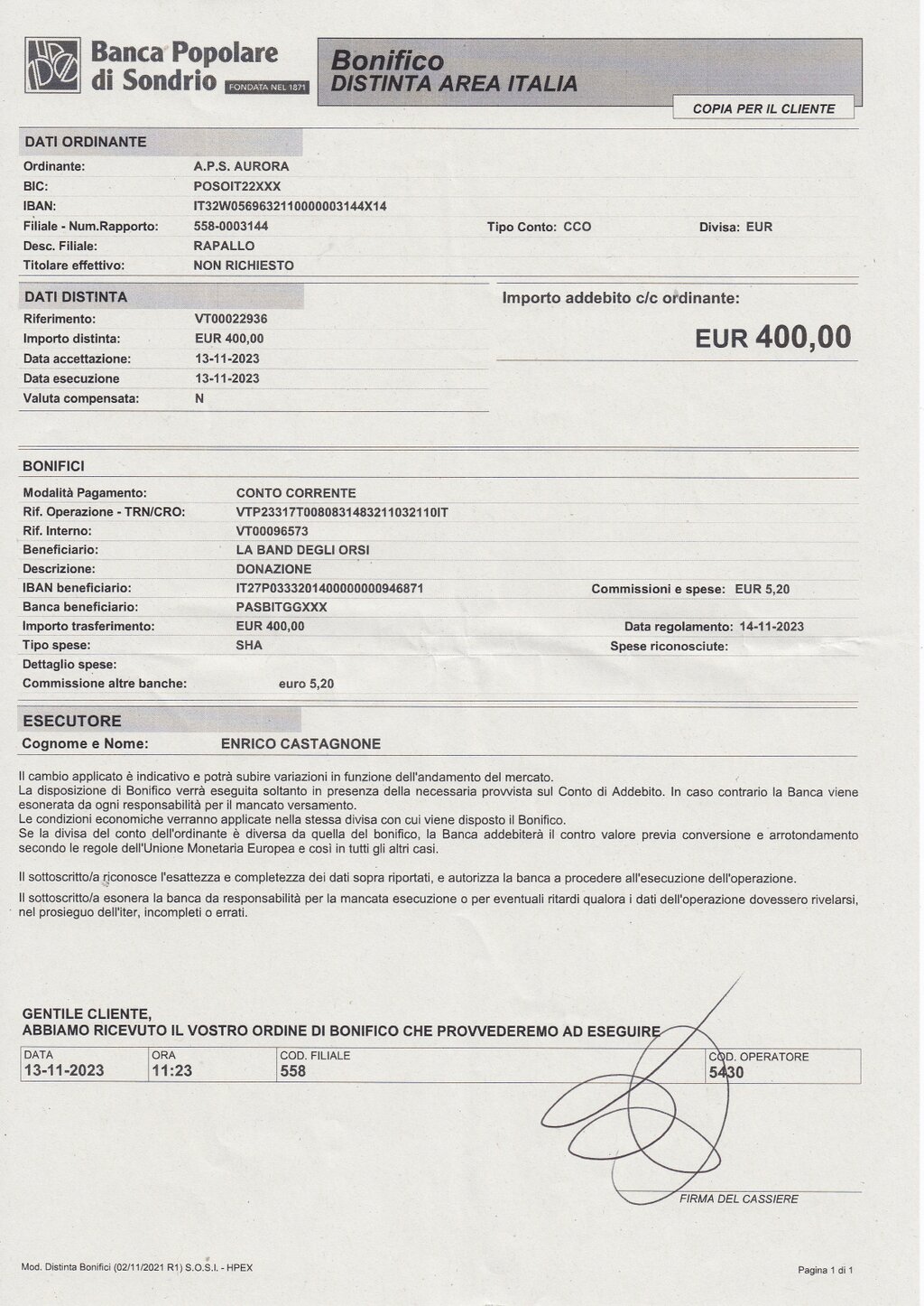 Copia bonifico Band degli Orsi